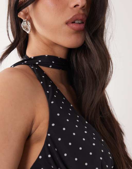 Top con cuello halter, fular en el cuello y estampado de lunares de malla de ASOS DESIGN (parte de un conjunto), 3 de 4