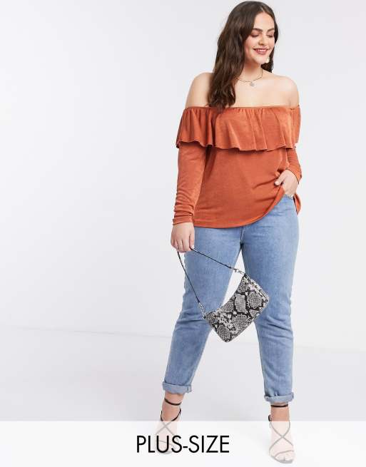 Top con escote Bardot con volantes en color teja de ASOS DESIGN Curve