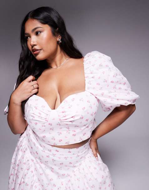 Top con estampado de florecitas y mangas abullonadas de algodón satinado de ASOS LUXE Curve (parte de un conjunto) - view 1