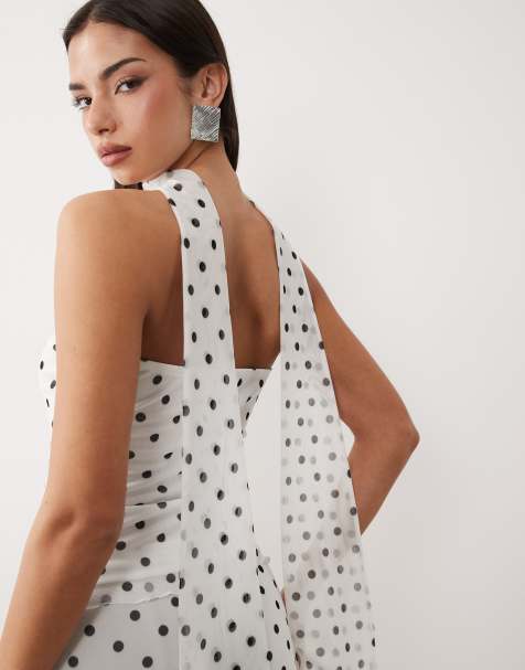 Top con estampado de lunares, escote palabra de honor y detalle de fular de malla de ASOS DESIGN (parte de un conjunto) - view 1