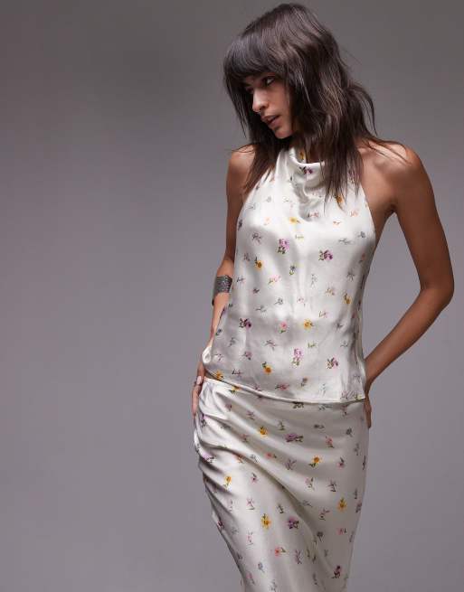Top con estampado floral vintage difuminado y cuello halter de satén de Topshop (parte de un conjunto)