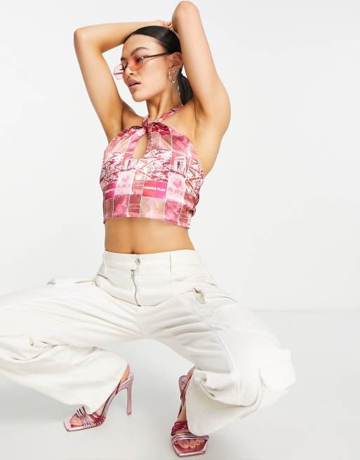 Top con estampado gráfico, cuello halter y abertura de satén de ASYOU, 2 de 4