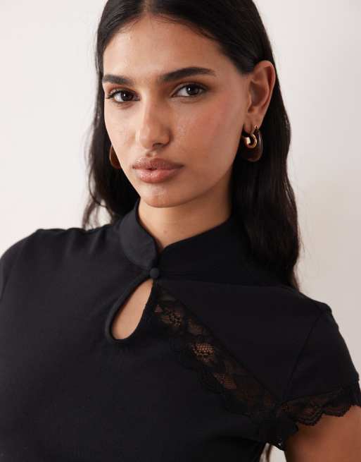 Top con mangas de casquillo, cuello mao y detalle de encaje de ASOS DESIGN, 3 de 4