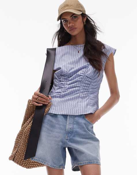 Top corsetero azul a rayas fruncido sin mangas de Topshop - view 1