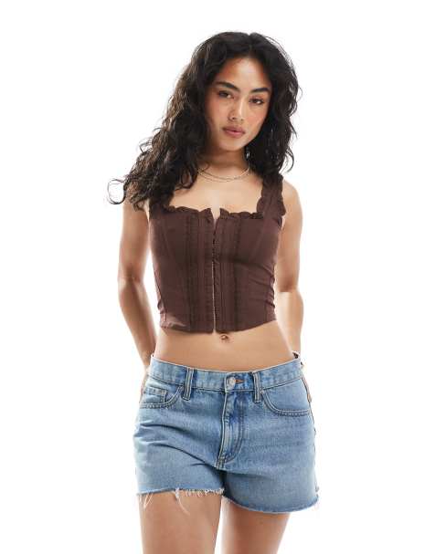 Top corsetero marrón chocolate con detalle de corchetes de Miss Selfridge - view 1