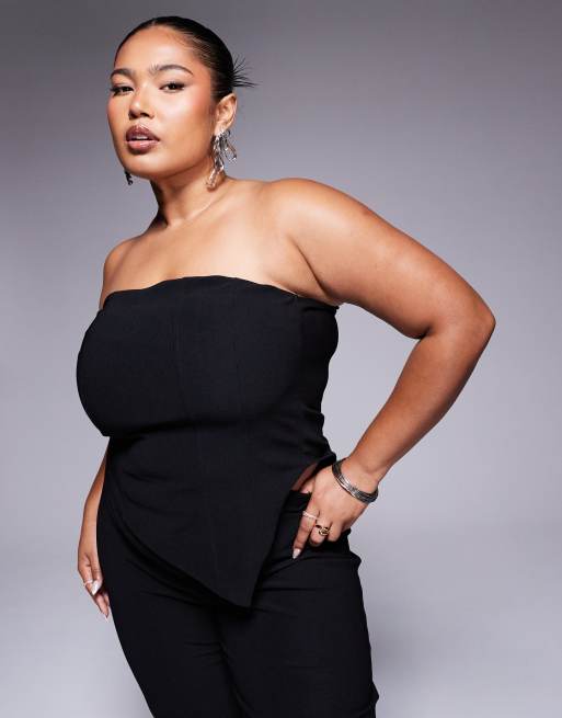 Top corsetero negro con escote palabra de honor de canalé de ASOS DESIGN Curve (parte de un conjunto)