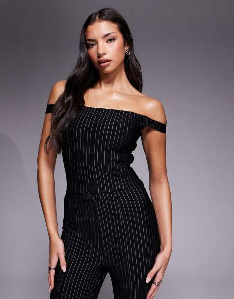 Top corsetero negro con raya diplomática y escote Bardot de ASOS DESIGN (parte de un conjunto) - view 1