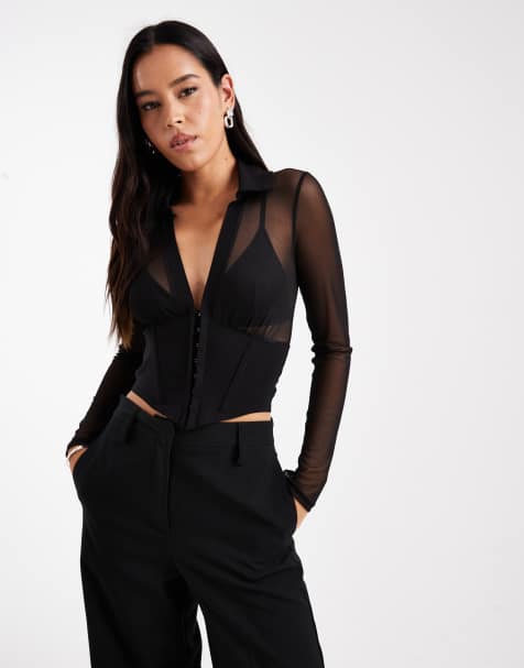 Top corsetero negro de manga larga con corchetes de malla de ASOS DESIGN - view 1