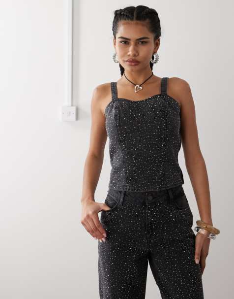 Top corsetero vaquero negro con pedrería de Noisy May - view 1