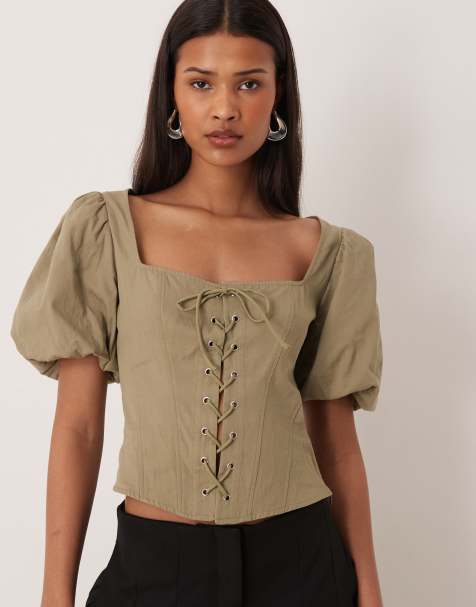 Top corsetero verde oliva de estilo mesonera de algodón puro de Gina Tricot - view 1