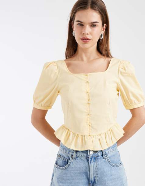 Top corto amarillo dorado estilo mesonera con mangas abullonadas de popelina de Vero Moda - view 1