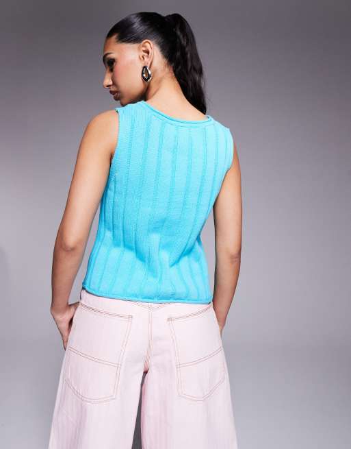 Top corto azul aguamarina sin mangas de canalé ancho de ASOS DESIGN, 3 de 4