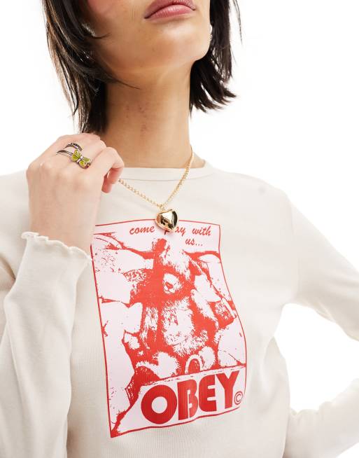 Top corto beis con estampado "Come play with us" de Obey, 3 de 4