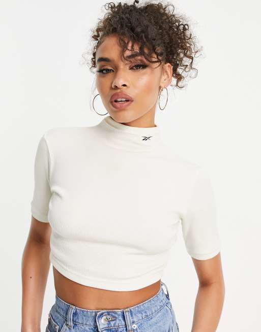 Top corto blanco con cuello alto de canalé de Reebok