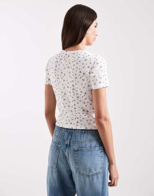 Top corto blanco con estampado de rosas de canalé de ONLY, 2 de 4