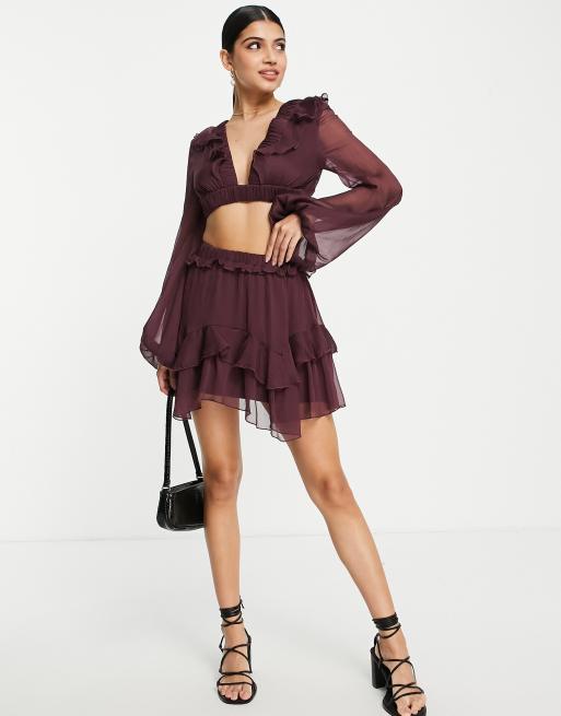 Top corto burdeos con banda elástica y cordones en la espalda de gasa de ASOS DESIGN (parte de un conjunto), 3 de 4