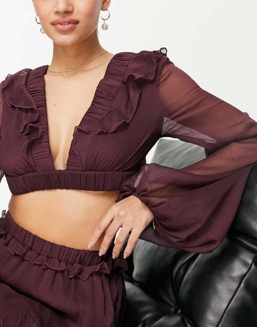 Top corto burdeos con banda elástica y cordones en la espalda de gasa de ASOS DESIGN (parte de un conjunto), 4 de 4