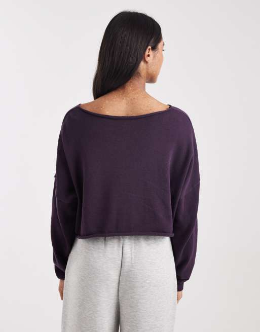 Top corto color ciruela chocolate con escote Bardot de punto de Cotton On, 4 de 4