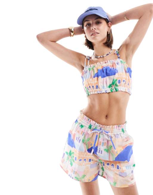 Top corto con detalle de lazada y estampado de paisaje de ASOS DESIGN (parte de un conjunto)