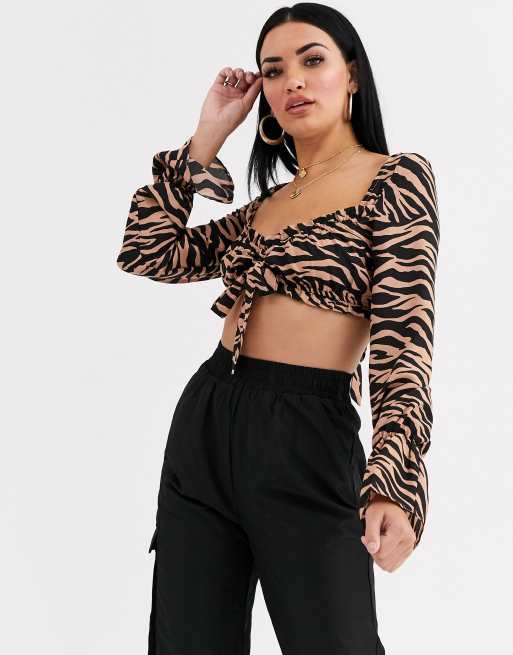 Top fruncido con parte delantera con lazo en estampado de cebra Mist de Tiger | ASOS