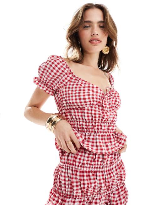 Top corto fruncido estilo babydoll a cuadros vichy rojos de ASOS DESIGN (parte de un conjunto)