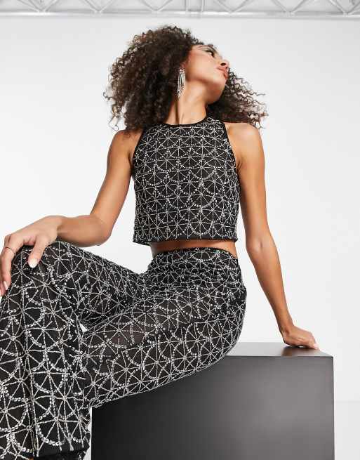 Top corto negro con abalorios y detalles festoneados de ASOS DESIGN (parte de un conjunto) 