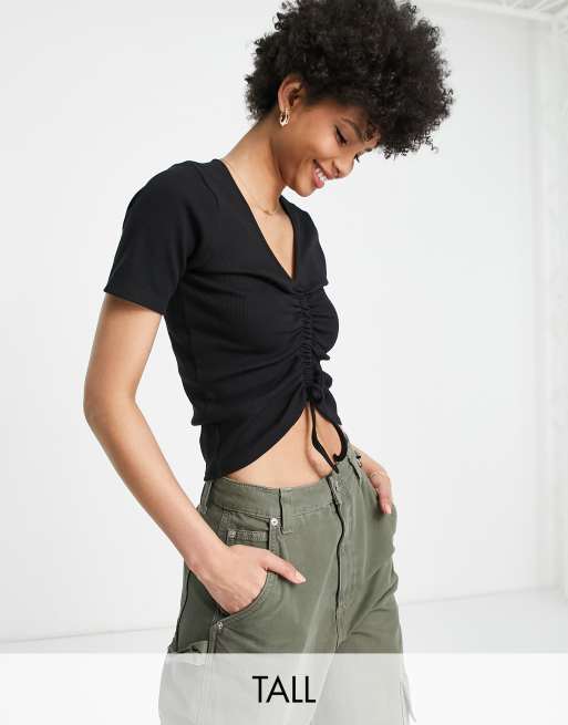  Top corto negro con parte delantera fruncida de Threadbare Tall
