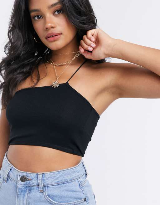 Top corto palabra de honor en negro con tirantes finos y asimétricos de ASOS DESIGN