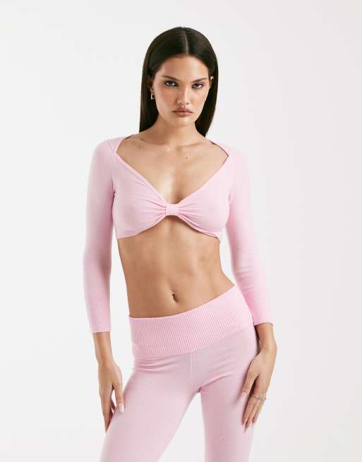 Top corto rosa pastel de manga larga con lazo en la parte delantera de punto fino muy suave Morgana de I.AM.GIA (parte de un conjunto)