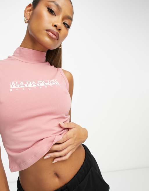 Top corto rosa sin mangas con cuello alto y logo Box de Napapijri