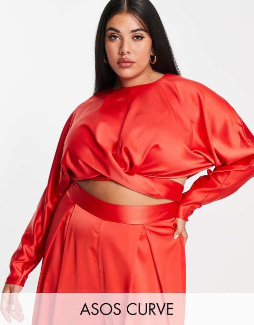 Top cruzado anudado en la parte delantera de manga larga de ASOS DESIGN Curve (parte de un conjunto)