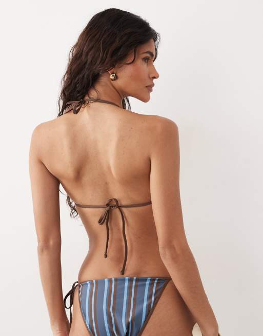 Top de bikini a rayas azules y marrón chocolate triangular con cuello halter exclusivo de The Frolic (parte de un conjunto), 4 de 4