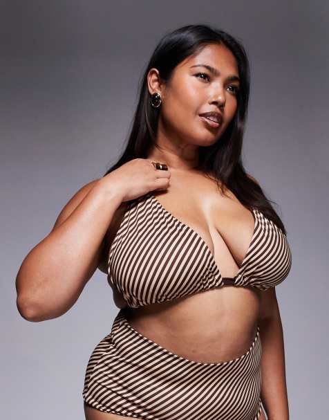 Top de bikini a rayas marrón chocolate con detalle de anilla dorada Vivienne de ASOS DESIGN Curve - view 1
