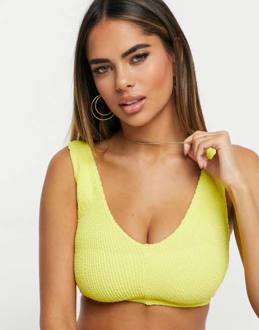Top de bikini amarillo corto con diseño arrugado y detalle en V en la parte delantera en copas grandes E-F Mix and Match de ASOS DESIGN