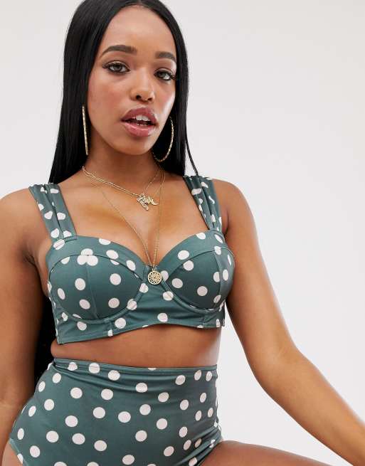 Top de bikini ancho con aros y estampado de lunares caqui en copas E-G de ASOS DESIGN Fuller Bust, 3 de 4