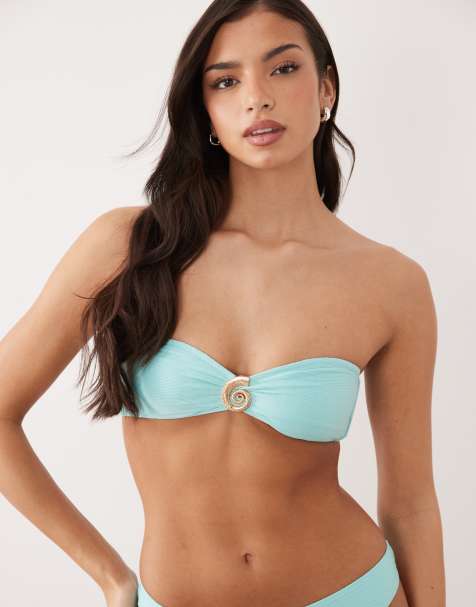 Top de bikini azul cerceta palabra de honor con herraje de concha de South Beach - view 1