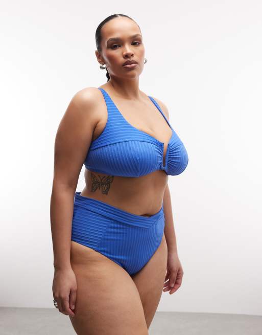 Top de bikini azul con aro en forma de "V" y diseño dividido de canalé Rory de ASOS DESIGN Curve, 3 de 4