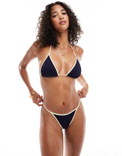 Top de bikini azul marino con ribetes en contraste de canalé Santorini de ASOS DESIGN - view 1