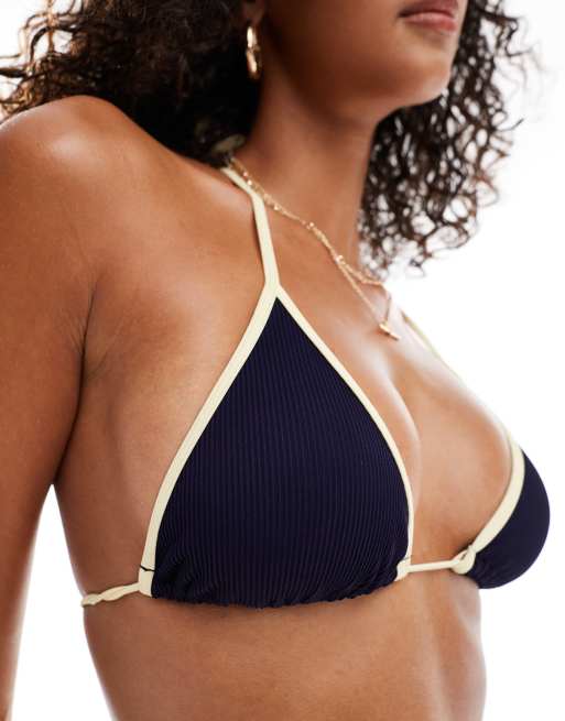 Top de bikini azul marino con ribetes en contraste de canalé Santorini de ASOS DESIGN, 4 de 4