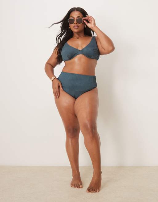 Top de bikini azul pizarra con aros de canalé Riddy de ASOS DESIGN Curve, 3 de 4