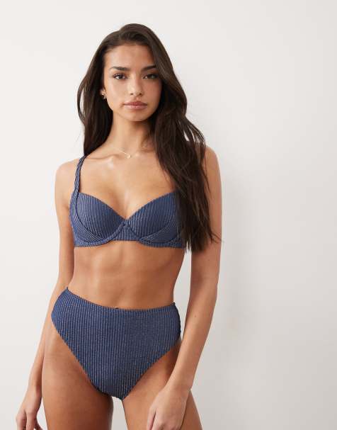 Top de bikini azul pizarra con relleno, aros y diseño push up de canalé con purpurina Sintra Riddy de ASOS DESIGN - view 1