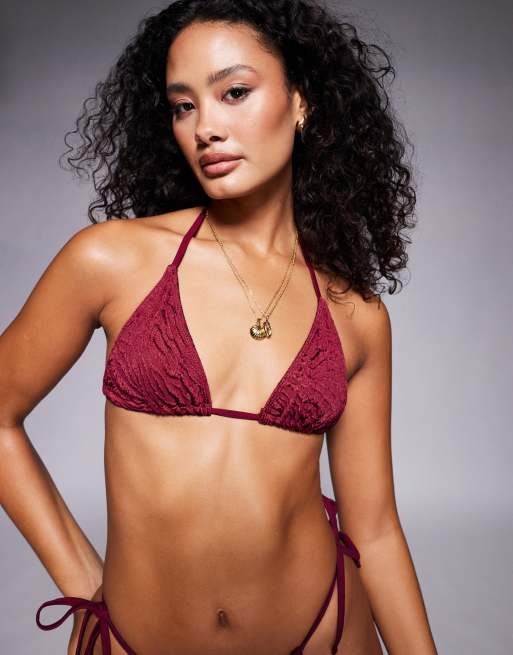 Top de bikini burdeos triangular anudado en la espalda de tejido texturizado Maria de ASOS DESIGN, 2 de 4