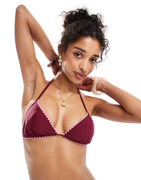 Top de bikini burdeos triangular con pespuntes de festón rosas de Miss Selfridge - view 1