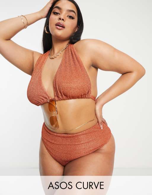 Top de bikini color óxido triangular de copas altas con purpurina Mix & Match de ASOS DESIGN Curve