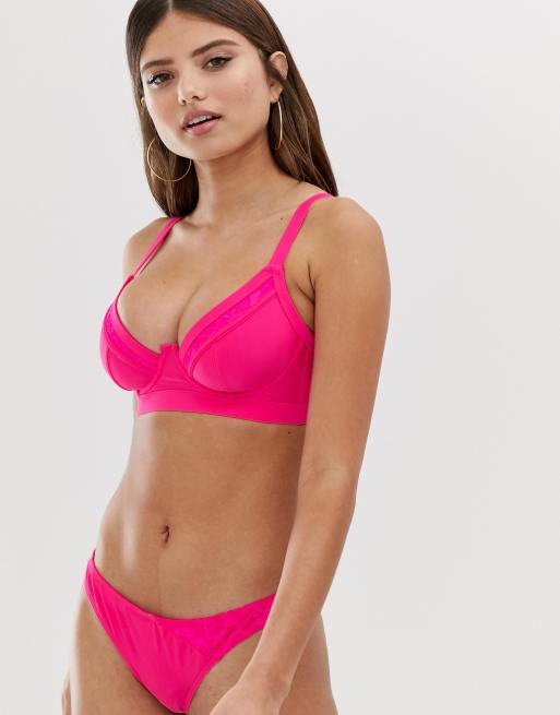 Top de bikini con aros en rosa neón con aplicación de encaje en copas E-G exclusivo en ASOS DESIGN Fuller Bust