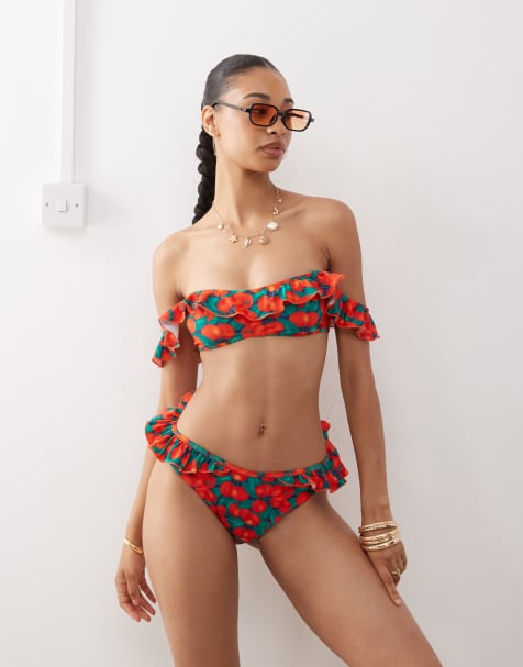 Top de bikini con escote Bardot, volantes y estampado de naranjas de Reclaimed Vintage - view 1