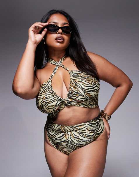 Top de bikini con estampado animal y escote cruzado con aberturas Gia de ASOS DESIGN Curve - view 1