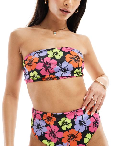 Top de bikini con estampado de flores de hibisco y escote palabra de honor Becky de ASOS DESIGN - view 1