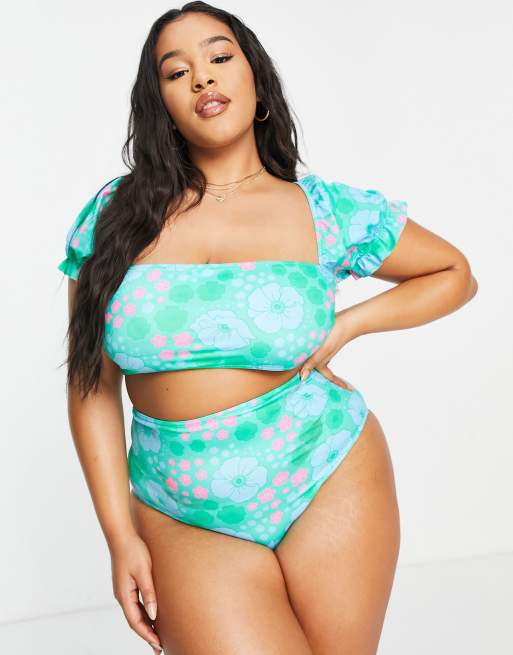 Top de bikini con estampado floral retro y mangas abullonadas de ASOS DESIGN Curve