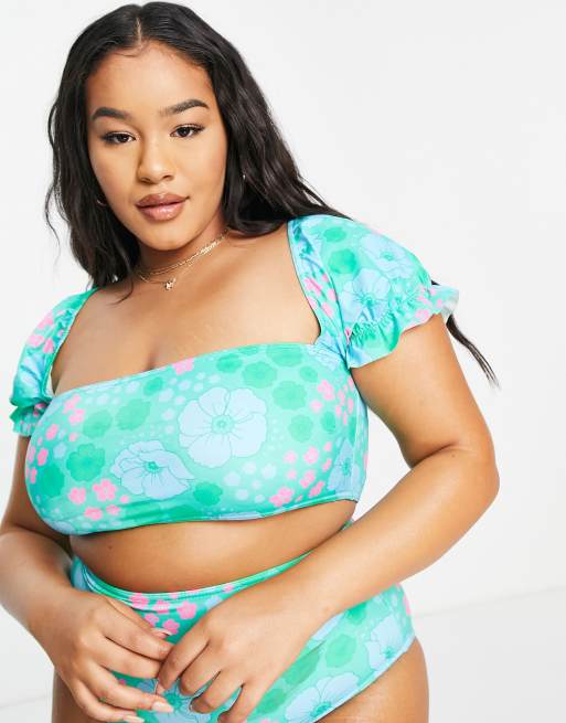 Top de bikini con estampado floral retro y mangas abullonadas de ASOS DESIGN Curve